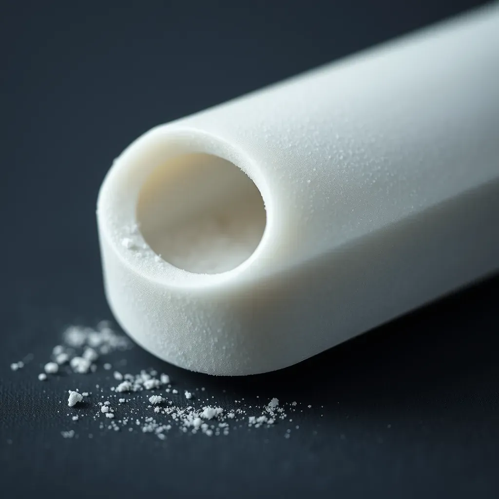 Illustrative render: macro of a matte PA12 nylon SLS part with granular powder texture and loose powder beads